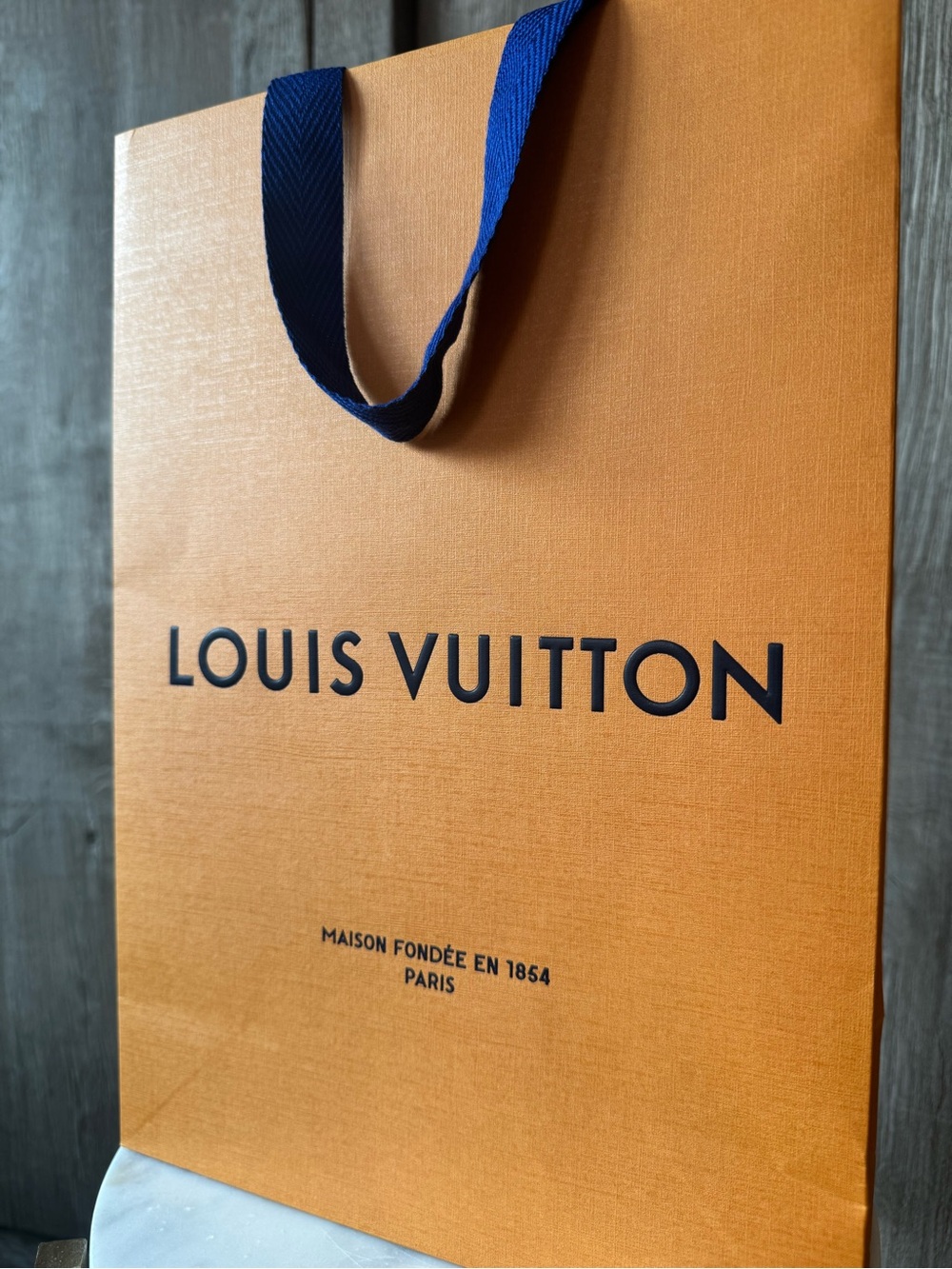 Louis Vuitton Orange Shopping Bag with Blue Handles and Black Logo - Picture 2 of 7